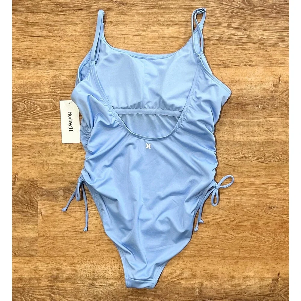 NWT Hurley Light Blue One Piece Swimsuit Front Logo Ruched Sides HURN23017 LARGE